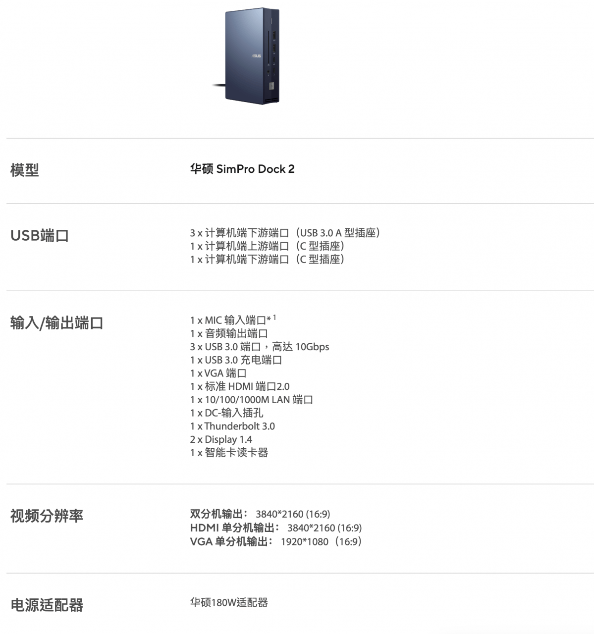 原装华硕 ASUS SimPro dock2 雷电3扩展坞 120瓦PD供电 笔记本电脑外扩接口显示器USB 智能卡