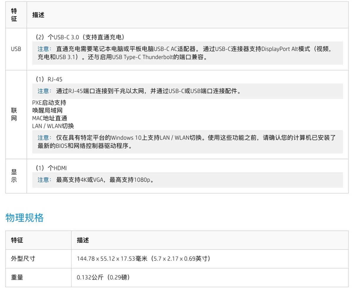 原装惠普便携式USB-C扩展坞 928099-001 HSA-Q001PR 支持PD反向充电协议外接4K千兆网卡USB