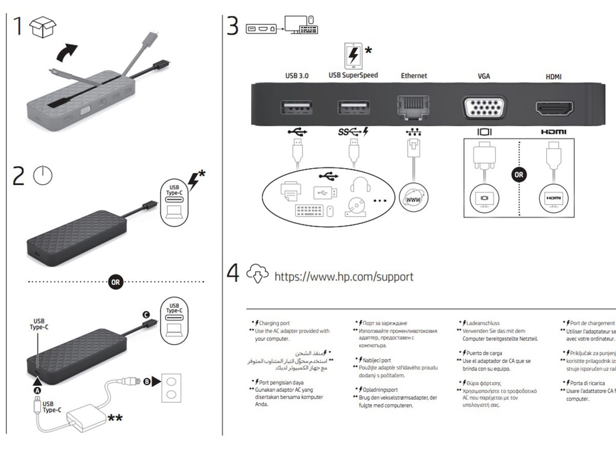 原装惠普便携式USB-C扩展坞 928099-001 HSA-Q001PR 支持PD反向充电协议外接4K千兆网卡USB