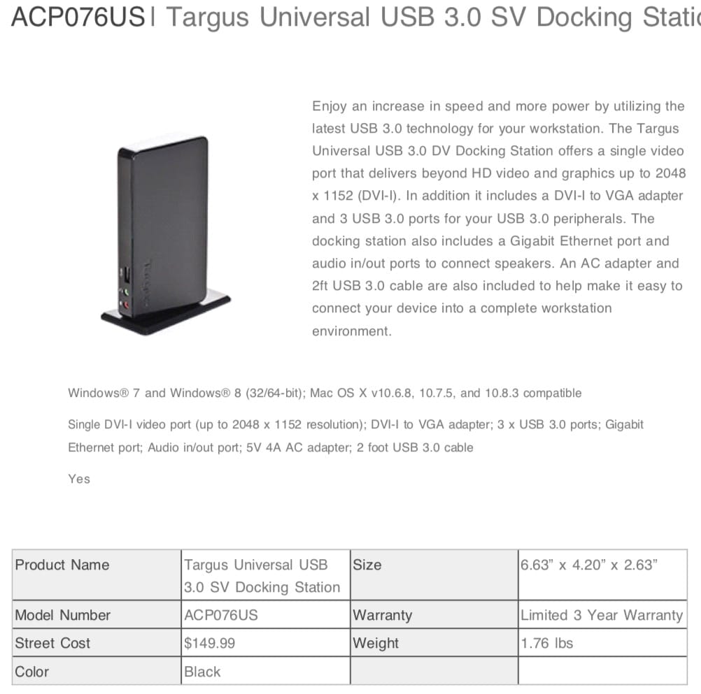泰格斯Targus Universal USB 3.0 SV Docking Station (ACP076US) ACP78US 支持win Mac oxs