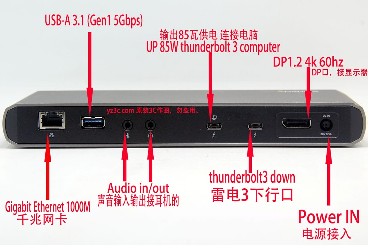 Mac 和 Windows® | USB-C 转 DP 电缆 | 双4k 60hz雷电3 85瓦PD扩展坞USB3.0 千兆网卡 声卡 TB3DK2DPPD