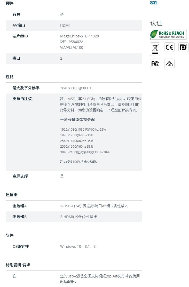MST显示集线器USB-C 雷电3外接2个HDMI 4k分辨率 笔记本外接多屏2-port USB-C to HDMI MST Hub - 4K 30Hz