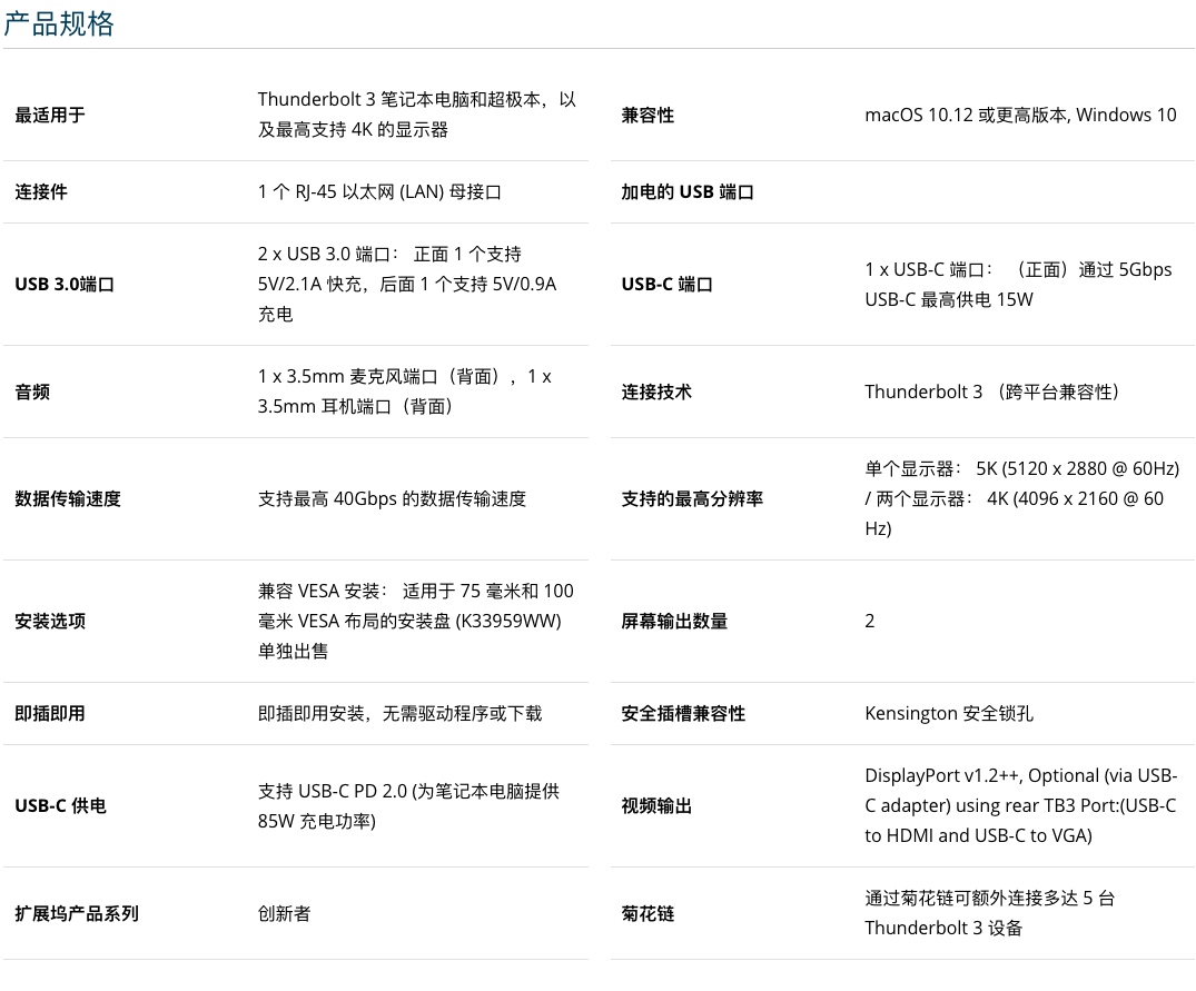 SD5200T 雷电3Thunderbolt3 40Gbps双路4K扩展坞Windows/Mac 85瓦反向供电