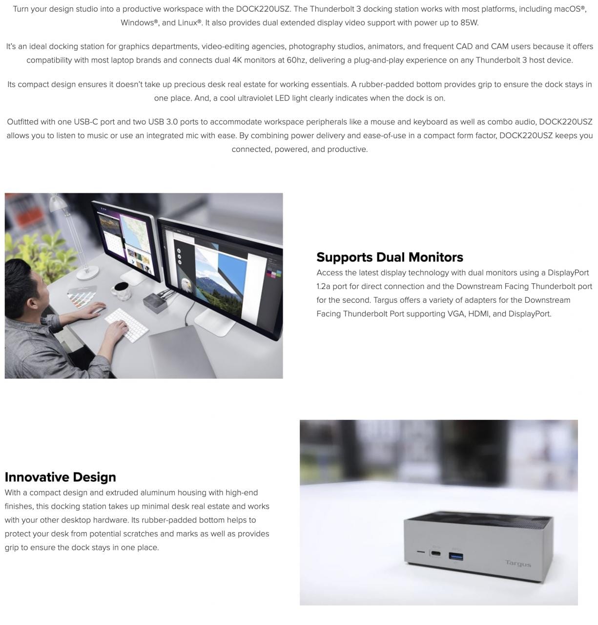 Thunderbolt™ 3 DV4K DOCK220 Docking Station with Power (Space Grey)兼容雷电3和全功能C扩展坞双4k 60hz 60瓦PD供电USBgen2 10G 网卡声卡