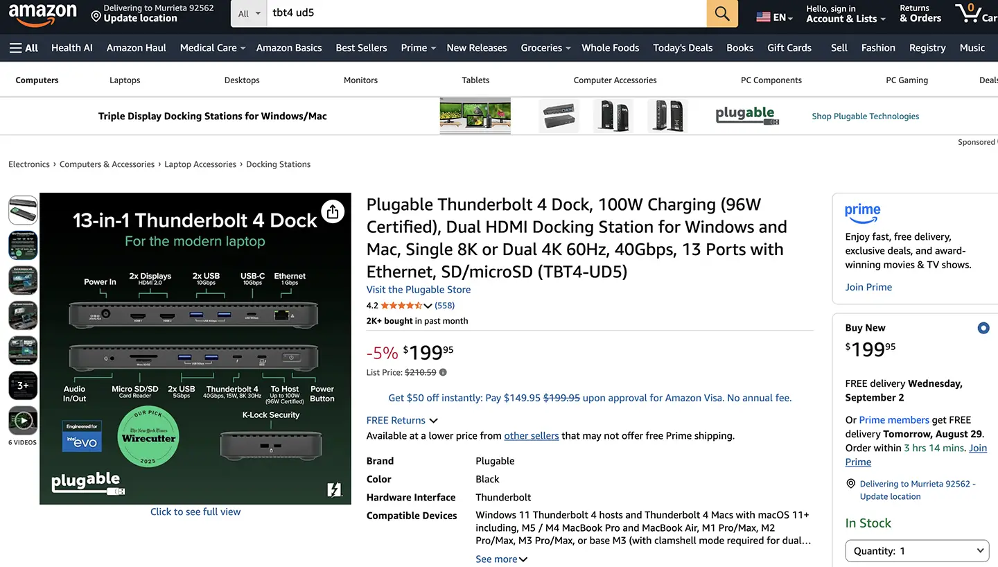 Plugable 雷电4扩展坞TBT4-UD5 苹果笔记本/Thinkpad/XPS等电脑外扩双HDMI2.0 4k 60hz/SD卡 96瓦PD供电